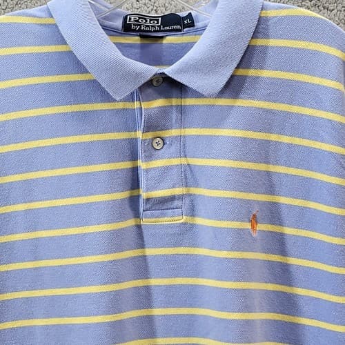 POLO Ralph Lauren Mens Shirt Vintage Blue XL Stripe Yellow 90s Cotton Pique - Thumbnail 3