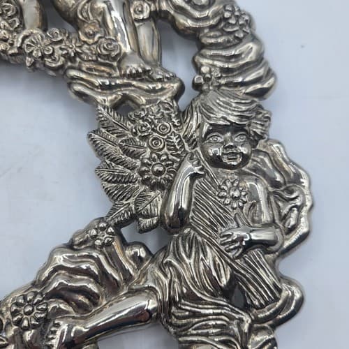Christmas Cherb Trivet Silverplate Wall Art Round Rubber Tip Feet MCM - Thumbnail 3