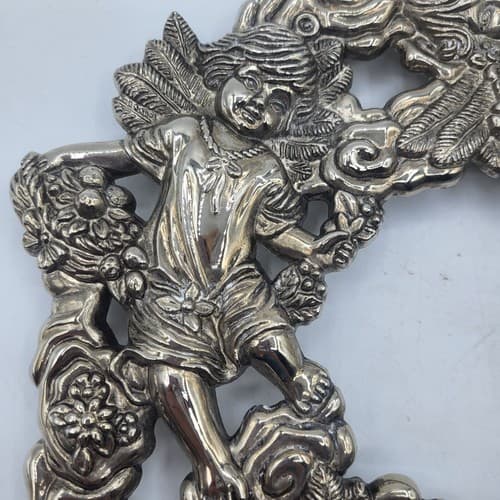 Christmas Cherb Trivet Silverplate Wall Art Round Rubber Tip Feet MCM - Thumbnail 5