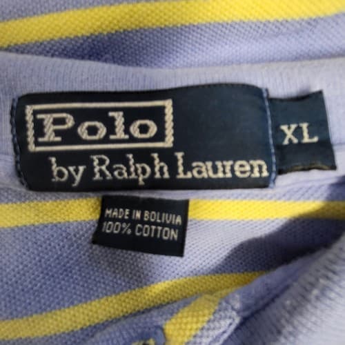 POLO Ralph Lauren Mens Shirt Vintage Blue XL Stripe Yellow 90s Cotton Pique - Thumbnail 7
