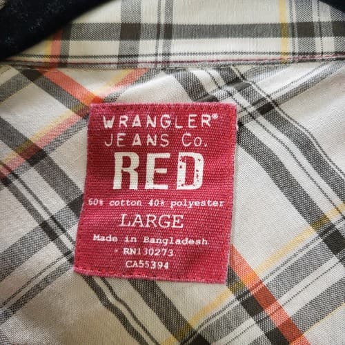Wranger RED Mens Shirt Pearl Snap Tan Check L Cotton Blend Western Pocket - Thumbnail 6