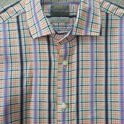 Thomas Dean Mens Shirt L Long Sleeve Cotton Casual Workwear Orange Check - Thumbnail 7