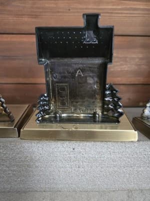 VTG Christmas Stocking Holders Village Metal Set 4 Antique Brass Finish Heavy - Thumbnail 8