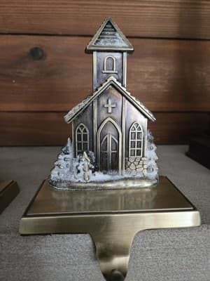 VTG Christmas Stocking Holders Village Metal Set 4 Antique Brass Finish Heavy - Thumbnail 2