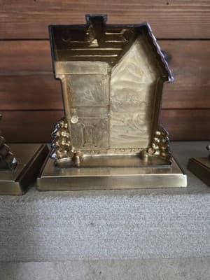 VTG Christmas Stocking Holders Village Metal Set 4 Antique Brass Finish Heavy - Thumbnail 7