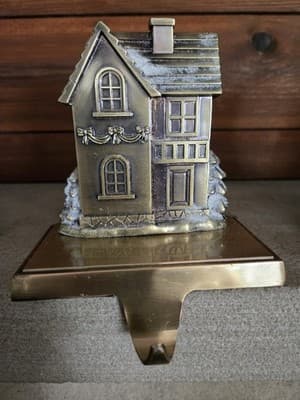 VTG Christmas Stocking Holders Village Metal Set 4 Antique Brass Finish Heavy - Thumbnail 4