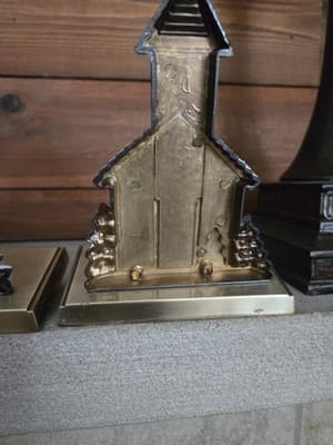 VTG Christmas Stocking Holders Village Metal Set 4 Antique Brass Finish Heavy - Thumbnail 9