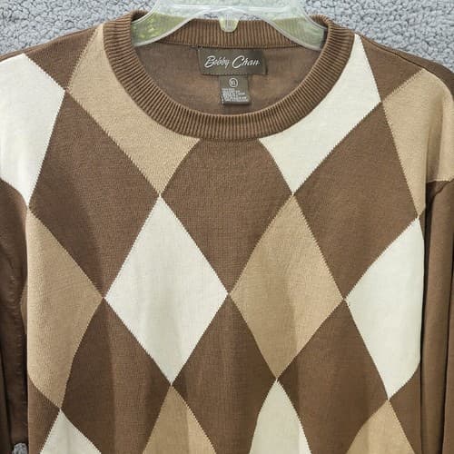 BOBBY CHAN Mens Argyle Golf Sweater Brown XL Long Sleeve Silk Cotton Blend - Thumbnail 3