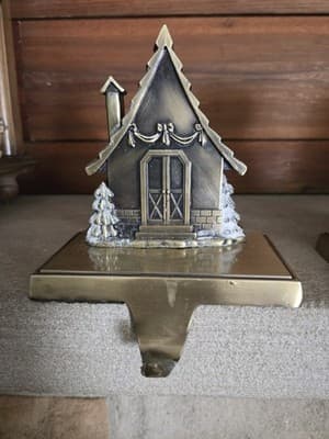 VTG Christmas Stocking Holders Village Metal Set 4 Antique Brass Finish Heavy - Thumbnail 5