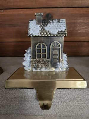 VTG Christmas Stocking Holders Village Metal Set 4 Antique Brass Finish Heavy - Thumbnail 3