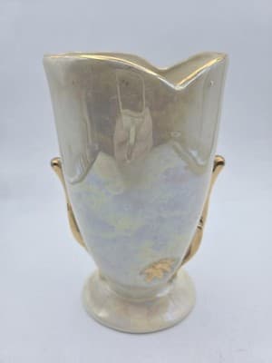 Vtg MCM White Pearl Lusterware Vase Heavy 22kt Gold Sunflower Trim - Thumbnail 2