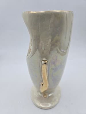 Vtg MCM White Pearl Lusterware Vase Heavy 22kt Gold Sunflower Trim - Thumbnail 3