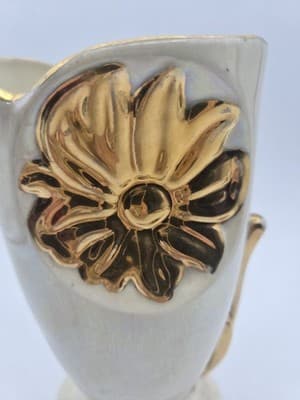 Vtg MCM White Pearl Lusterware Vase Heavy 22kt Gold Sunflower Trim - Thumbnail 6