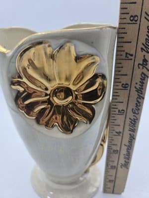 Vtg MCM White Pearl Lusterware Vase Heavy 22kt Gold Sunflower Trim - Thumbnail 8