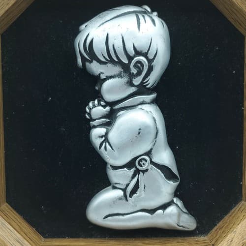 Vintage Pewter Praying Boy Framed Wall Hanging Picture 1984 Miller Studio - Thumbnail 2