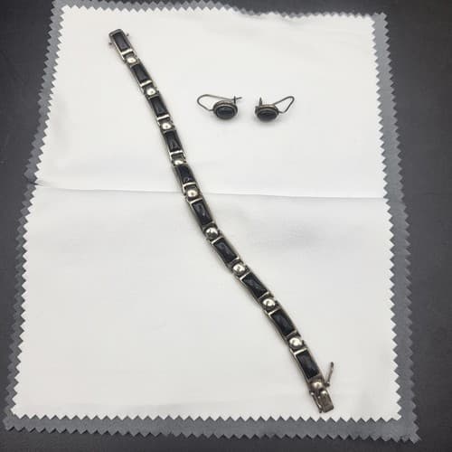 Black Onyx Bracelet & Earring Set Marked 925 Silver Link Double Safety Clasp - Thumbnail 3