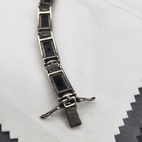 Black Onyx Bracelet & Earring Set Marked 925 Silver Link Double Safety Clasp - Thumbnail 5