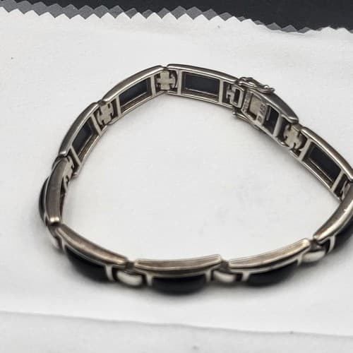 Black Onyx Bracelet & Earring Set Marked 925 Silver Link Double Safety Clasp - Thumbnail 8