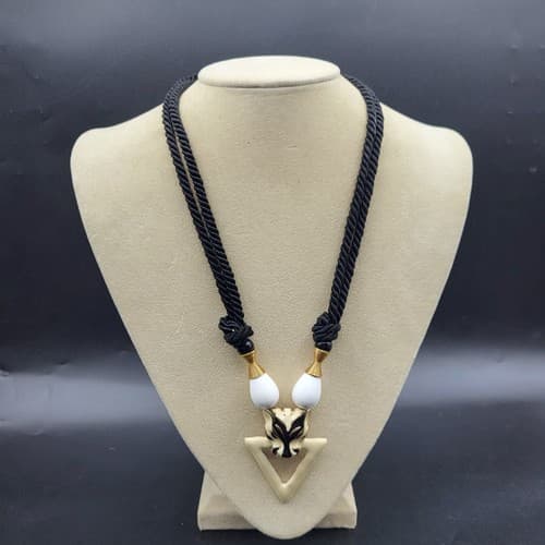 Lions Head Necklace Enamel Ivory Black Silk Chain Locking Clasp Triangle Head - Thumbnail 2