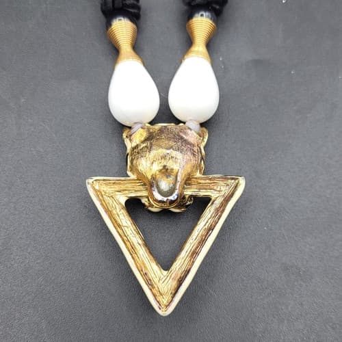 Lions Head Necklace Enamel Ivory Black Silk Chain Locking Clasp Triangle Head - Thumbnail 7
