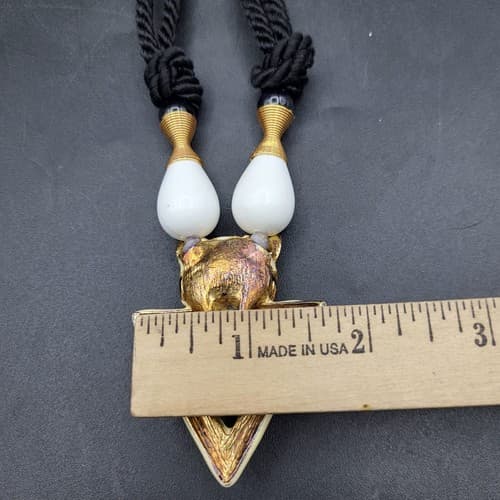 Lions Head Necklace Enamel Ivory Black Silk Chain Locking Clasp Triangle Head - Thumbnail 9