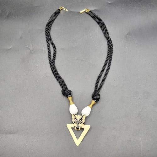 Lions Head Necklace Enamel Ivory Black Silk Chain Locking Clasp Triangle Head - Thumbnail 8