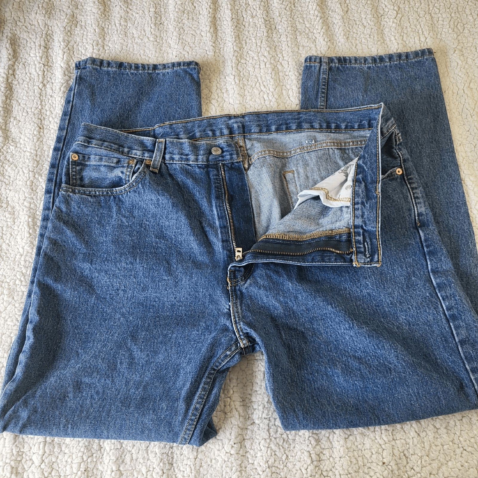 Levis 505 Mens Jeans 40x32 Fits 38x30 Blue Medium Wash Heavy Strudy Denim - Thumbnail 8