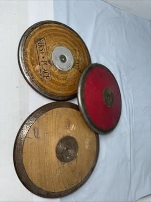 3 RARE Track & Field Collectible Discus Wood Metal Vintage - Thumbnail 4