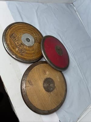 3 RARE Track & Field Collectible Discus Wood Metal Vintage - Thumbnail 3