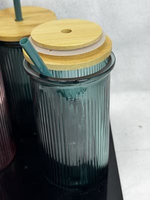 5 True Living Glass Tumblers Ribbed 16 oz Bamboo Lids with Straws 1-Pink 4-Green - Thumbnail 3