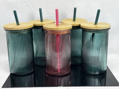 5 True Living Glass Tumblers Ribbed 16 oz Bamboo Lids with Straws 1-Pink 4-Green - Image 1