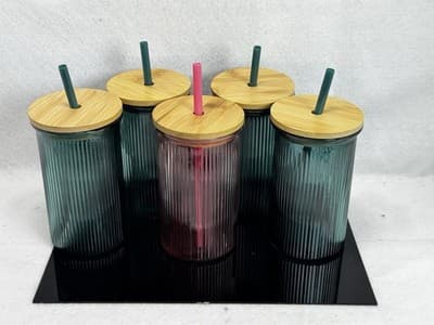 5 True Living Glass Tumblers Ribbed 16 oz Bamboo Lids with Straws 1-Pink 4-Green - Thumbnail 2