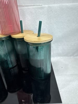 5 True Living Glass Tumblers Ribbed 16 oz Bamboo Lids with Straws 1-Pink 4-Green - Thumbnail 4