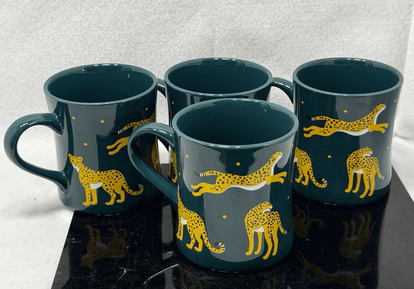 4 PC Set Trueliving Ceramic Coffee & Tea CHEETAH Mug - Green - 14 fl oz - NEW - Image 1