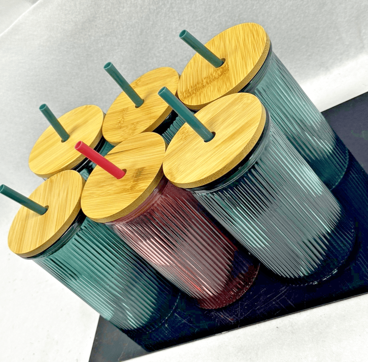 True Living Glass Tumblers Set of 6 Teal Ribbed 16 oz Bamboo Lids with Straws - Thumbnail 2
