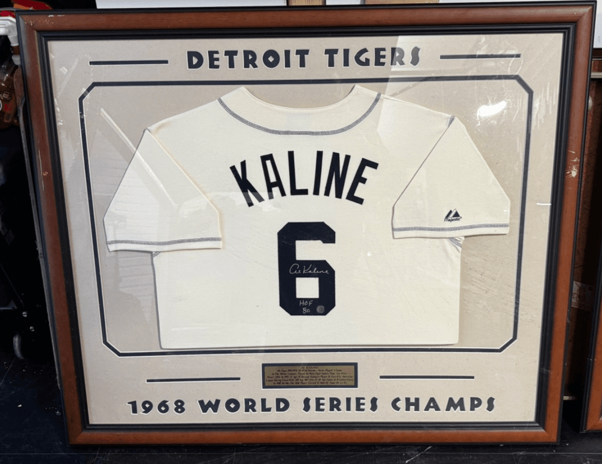Detroit Tigers Al Kaline Signed Wood Framed White Jersey Schwartz HOF 80' 36x42 - Image 1