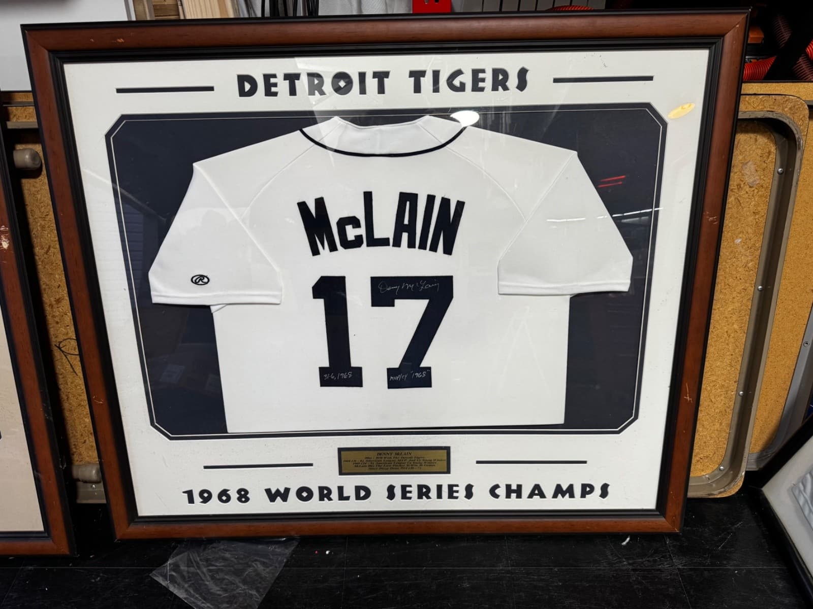 Detroit Tigers Denny Mclain Signed Wood Framed White Jersey 36x42 - Image 1