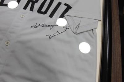 Detroit Tigers autographed Gray Jersey Signed By 3 Legends Display Piece - Thumbnail 4
