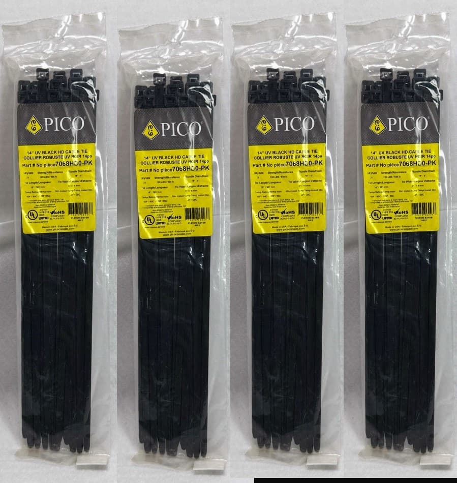 4 PICO 14" Heavy Duty Cable Ties 100 Pack Black Nylon UV Out/In 120Lb - Image 1