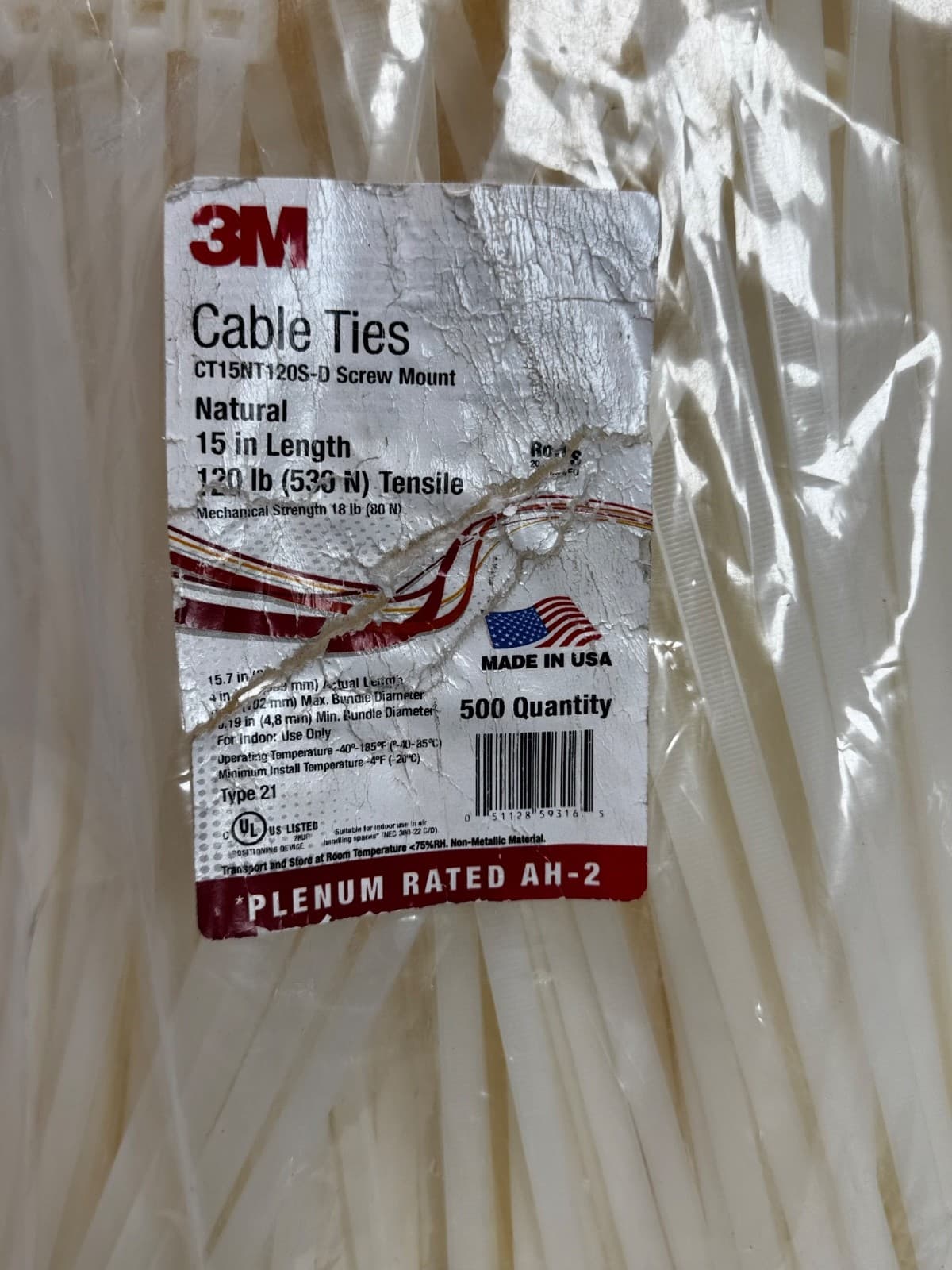 Cable Ties 3M 15" Long 500 Bag 530N 120SD SCREW MOUNT CT15NT120S NATURAL TYPE 21 - Image 1