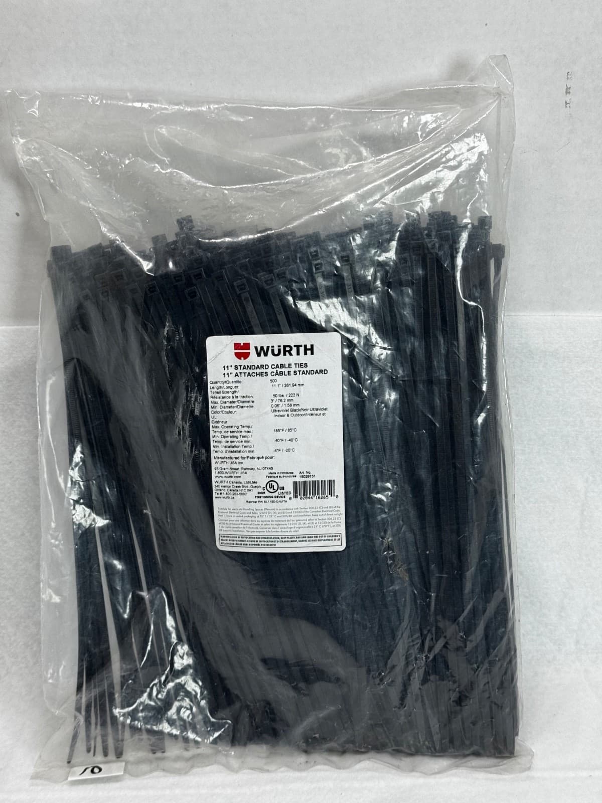 Wurth 11-Inch UV Protected Black Cable Ties - Pack of 500 - Image 1