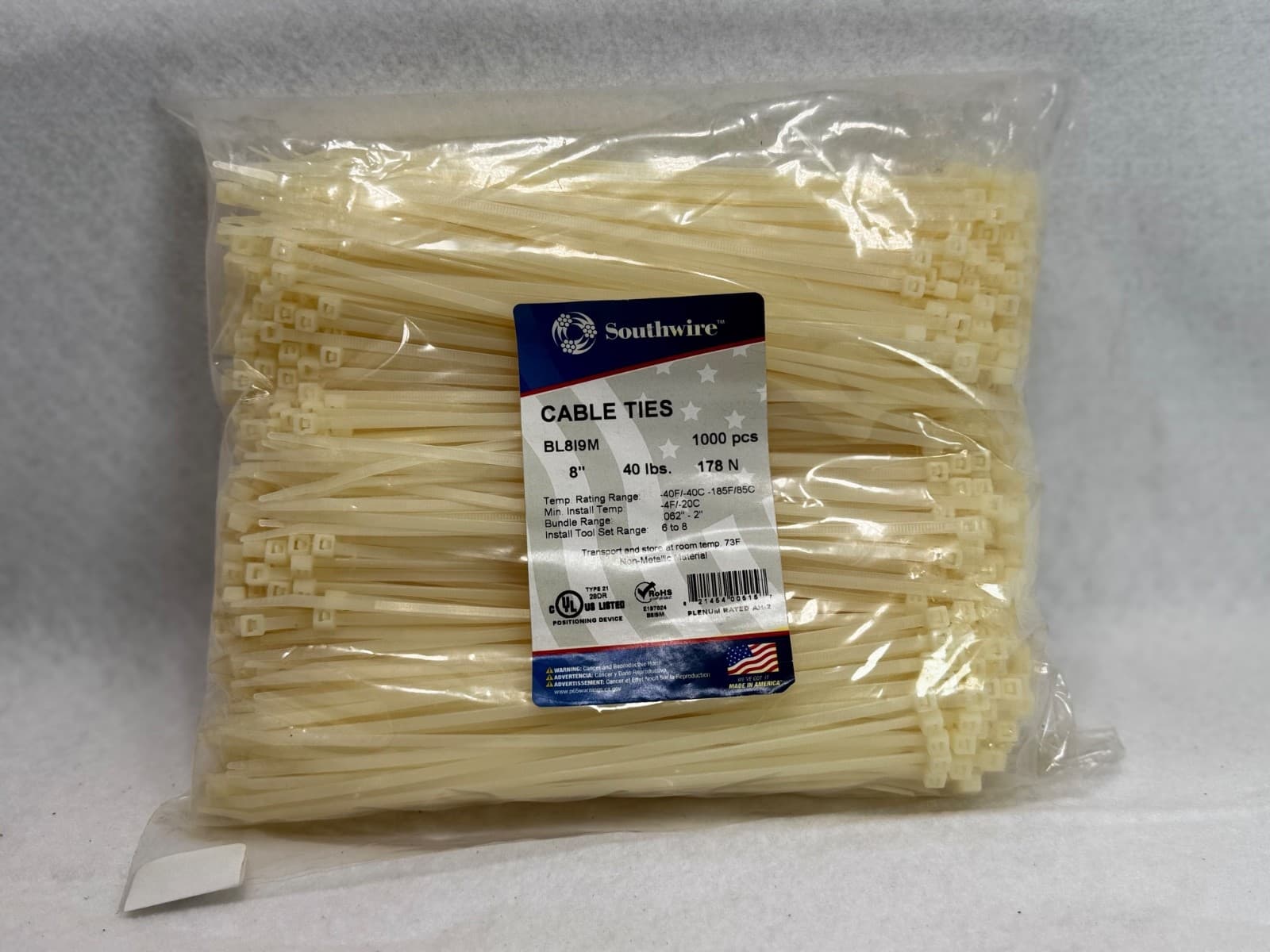 Southward Zip Ties 8 inch 1000 Pack) 40lbs Tensile Strength, Black Cable Ties - Image 1
