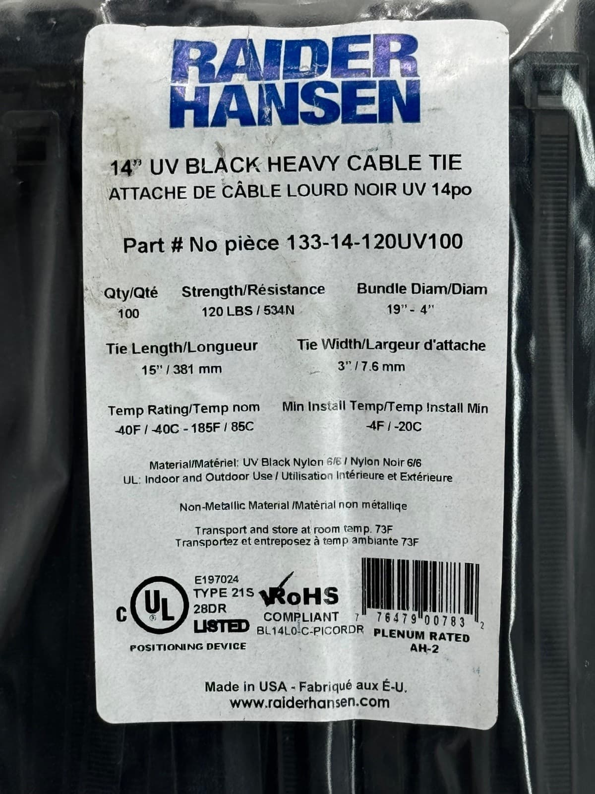 4pk 100 RAIDER HANSEN Zip Cable Ties 14" 120lbs UV Black Nylon Wire Ties - Thumbnail 2