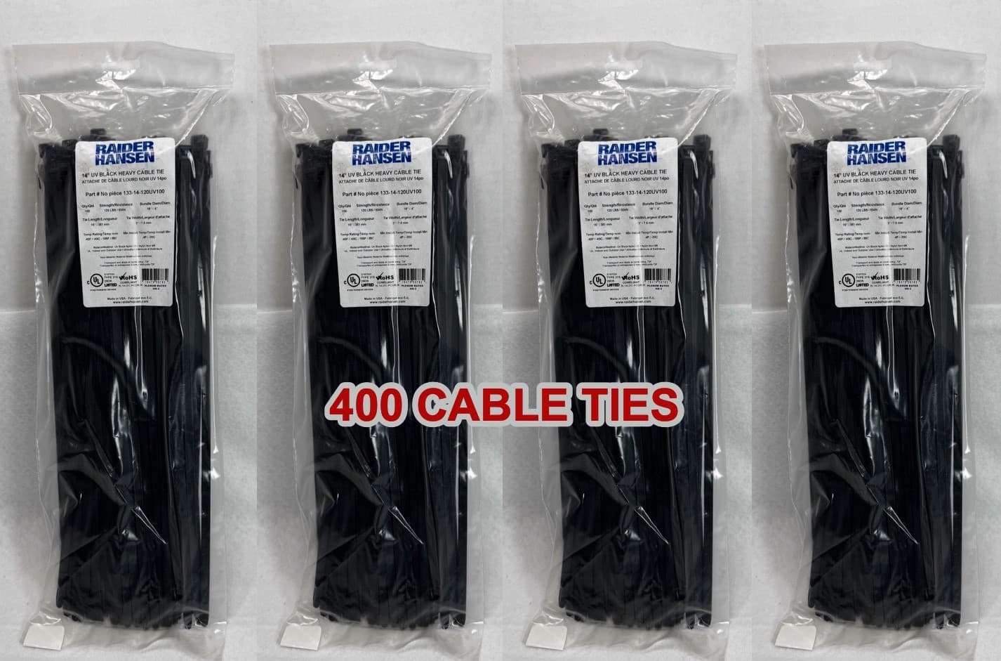 4pk 100 RAIDER HANSEN Zip Cable Ties 14" 120lbs UV Black Nylon Wire Ties - Image 1