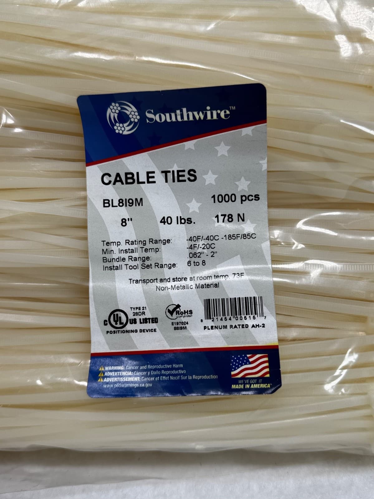 Southward Zip Ties 8 inch 1000 Pack) 40lbs Tensile Strength, Black Cable Ties - Thumbnail 2