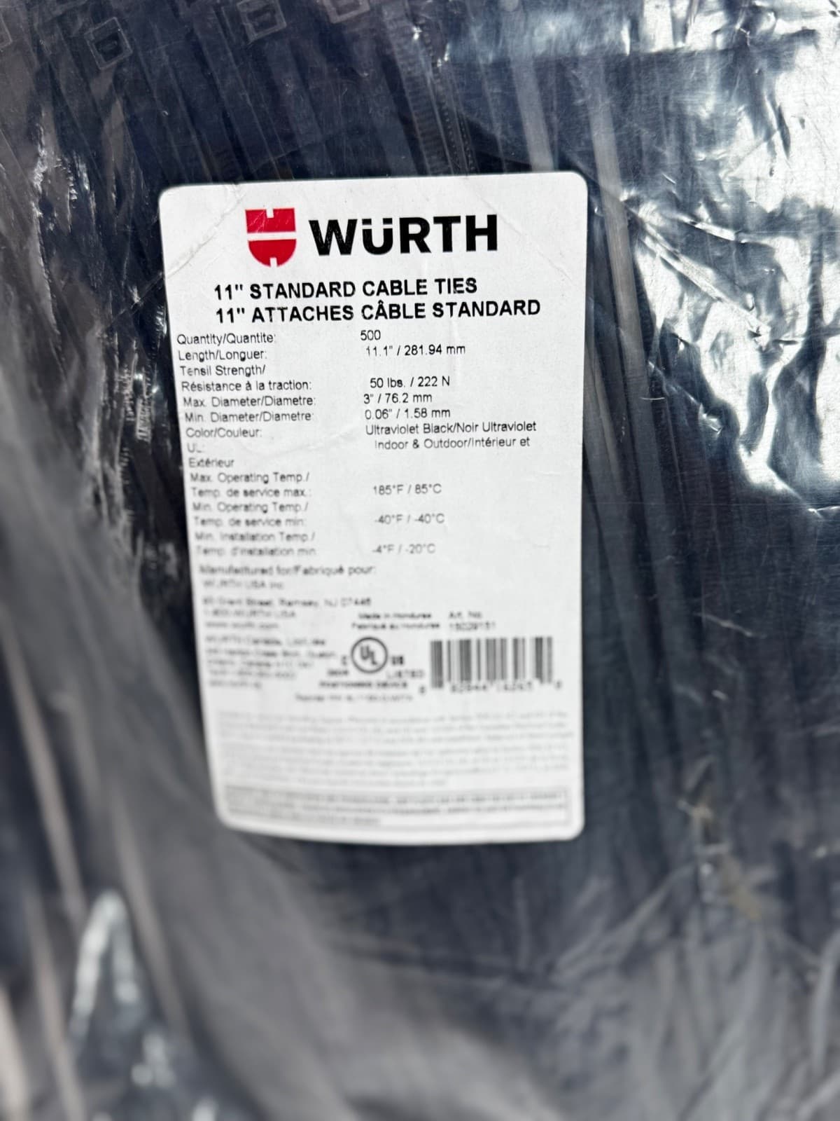 Wurth 11-Inch UV Protected Black Cable Ties - Pack of 500 - Thumbnail 2