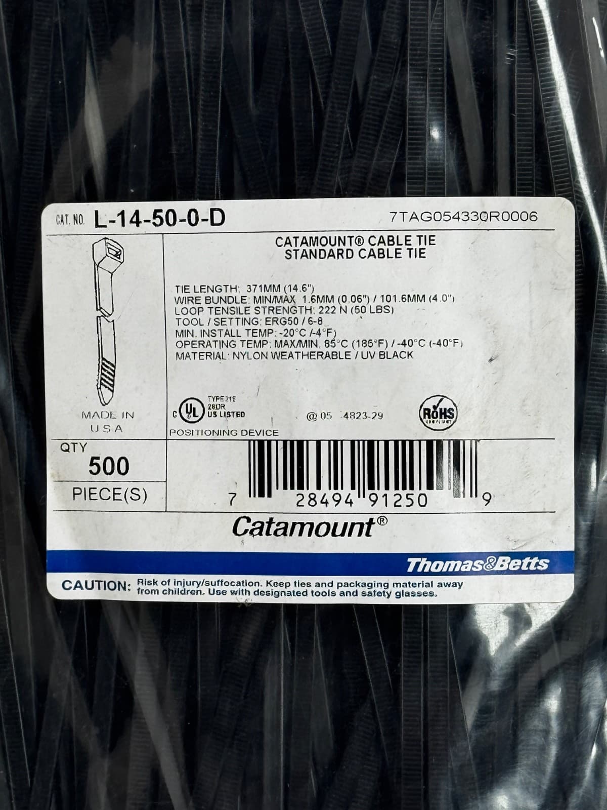 Catamount 11-Inch UV Protected Black Cable Ties - Pack of 500 L-14-50-0-D - Thumbnail 2