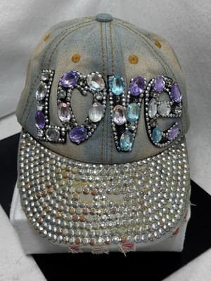Women’s Bling Rhinestone LOVE Denim Baseball Cap Sparkly Multicolor Gems - Image 1