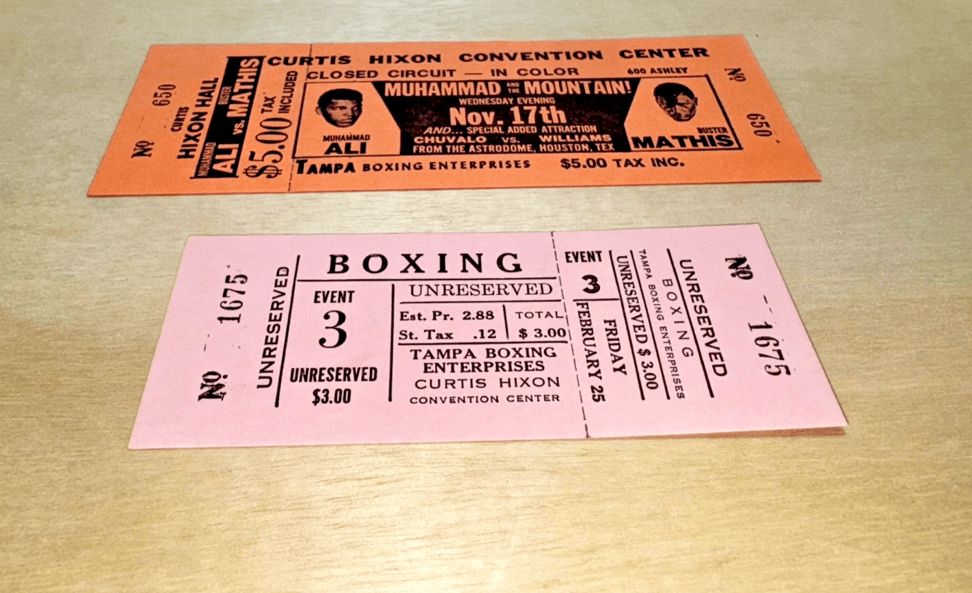 2 Ticket Stubs BOXING TICKET STUBS Muhammad Ali Curtis Hixon Buster Mathis - Image 1