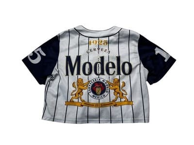 Modelo Cerveza Beer Womens S Belly Crop White 1925 Baseball Jersey Button Front - Thumbnail 3